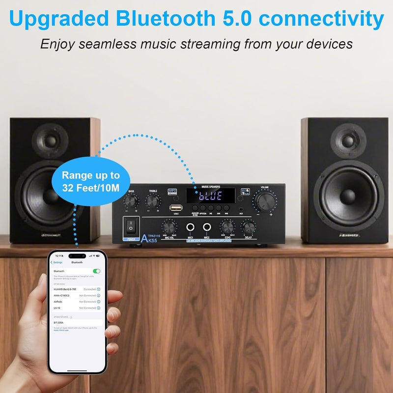 Romicta Romica Stereo Audio Amplifier, 2 Channel 500W Bluetooth 5.0 Home Theater Power Amplifier with FM, Echo, AUX, USB, SD, MIC, Optical & Coaxial Inputs, AMP for Passive Speakers and Active subwoofer - Image 4